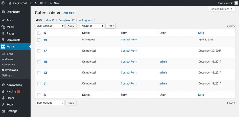 Submissions overview screen - Torro Forms